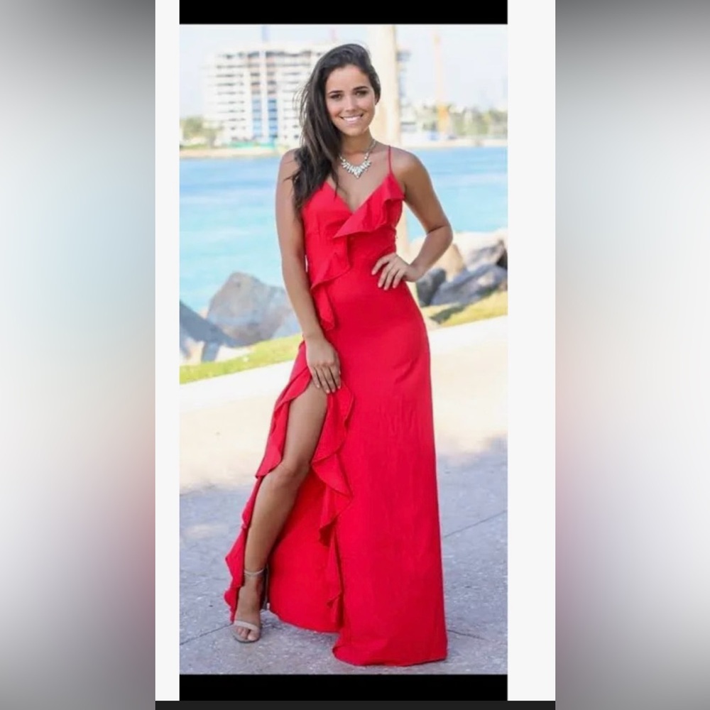 Red, maxi, lace up, wrap dress